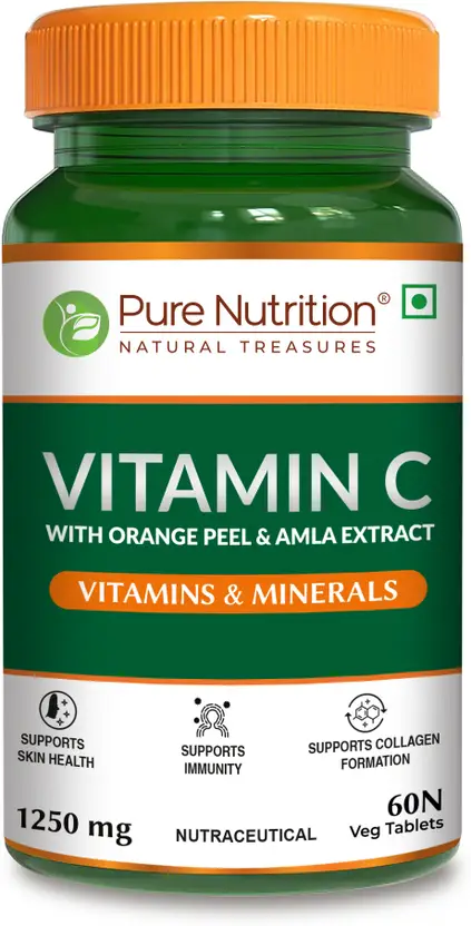 Pure Nutrition Vitamin C 1250mg with Amla & Orange Peel | Boosts Immunity & Skin Health (60 Capsules)